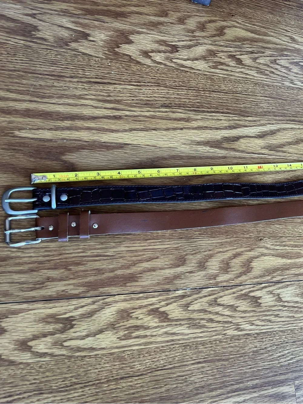 Set of 2 youth girls’ Brown Leather Belts, solid light brown and faux alligator